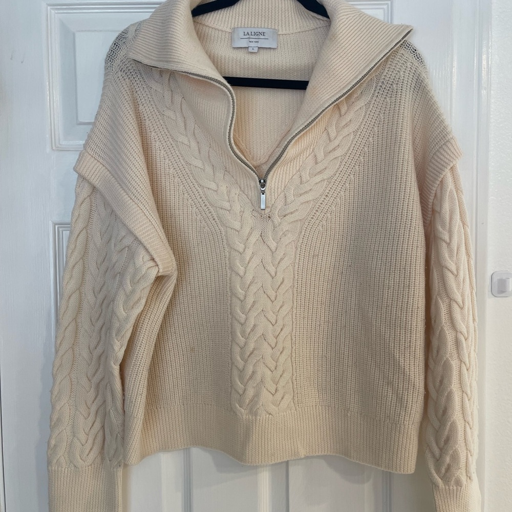 La Ligne Cream Cowl Neck Sweater with Cable Knit